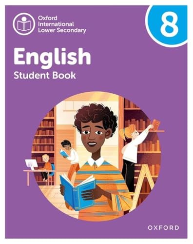 Oxford International Lower Secondary English Student Book 8 cover with library illustration.