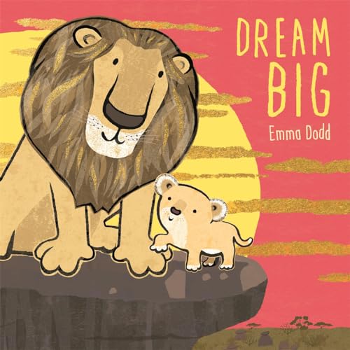 Illustration of a large lion and cub against a sunset backdrop.