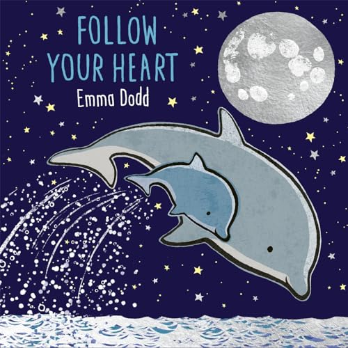 Book cover with two dolphins jumping under a starry moon.