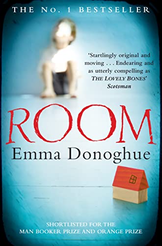 Book cover for Room by Emma Donoghue featuring a blurred child and toy house.