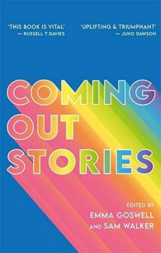 Book cover titled Coming Out Stories with rainbow diagonal stripes on a blue background.