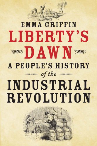 Book cover for Liberty's Dawn with historical illustrations of workers on a parchment background.