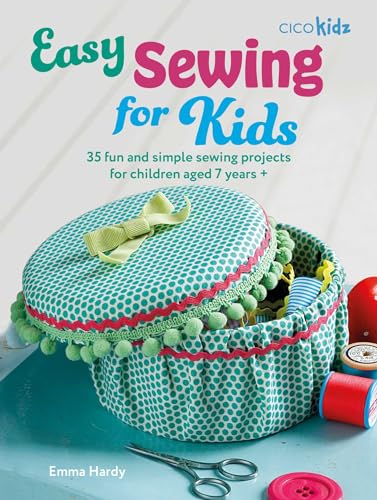 Book cover: "Easy Sewing for Kids" with a decorated sewing box.