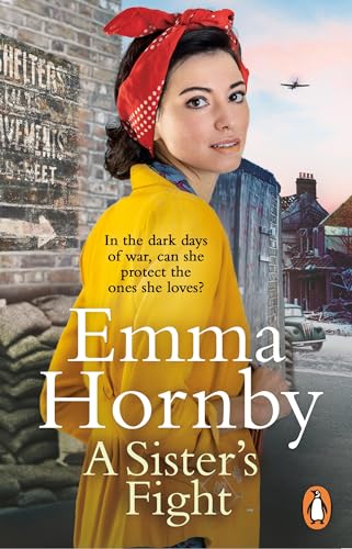 Woman in yellow coat, wartime background, book cover “A Sister’s Fight”.