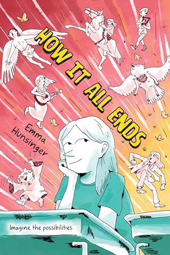 Book cover illustration featuring a girl at a desk surrounded by whimsical, floating figures.