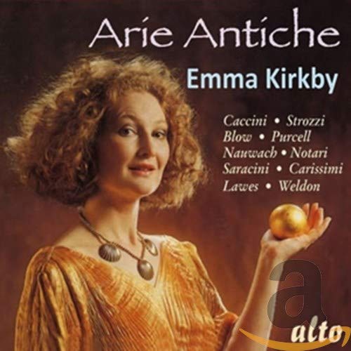 CD cover featuring Emma Kirkby, a singer with curly hair, holding a golden orb.