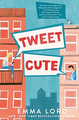 Book cover illustration of two people on phones in separate buildings, titled Tweet Cute.