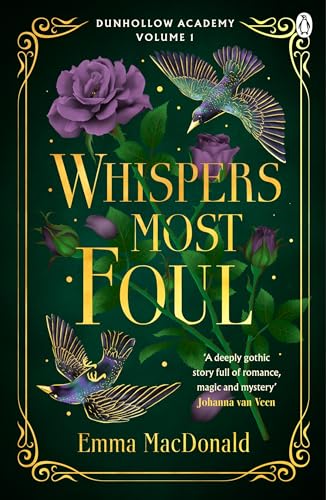 Book cover: “Whispers Most Foul” with roses, birds, and gold accents.
