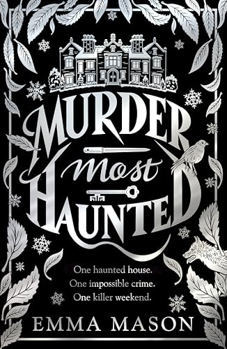 Book cover with silver text and illustrations of a mansion, knife, key, and bird.