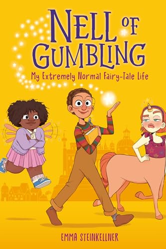 Book cover with three illustrated children, one a unicorn, in a town.