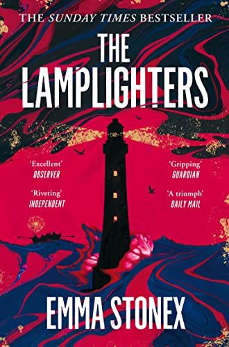 Book cover: “The Lamplighters” with a lighthouse and abstract red design.