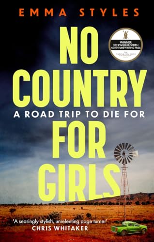 Book cover: "No Country for Girls" with desert landscape and a yellow car.