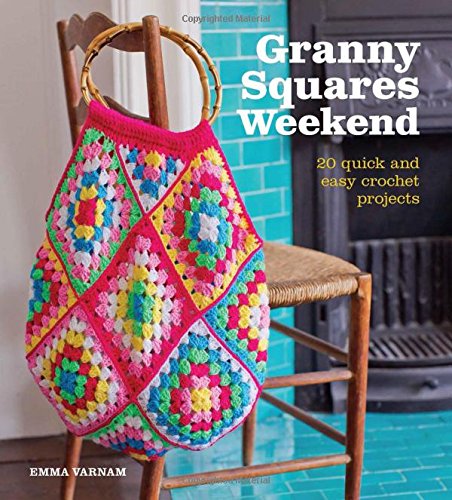 Crochet book cover featuring a colorful granny square bag draped on a chair.