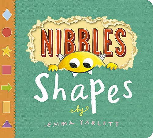 Cover of Nibbles Shapes book featuring a yellow monster peeking through a torn hole.