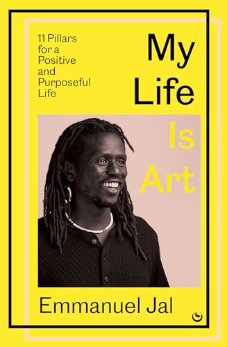Book cover with a portrait of Emmanuel Jal and yellow, pink design.