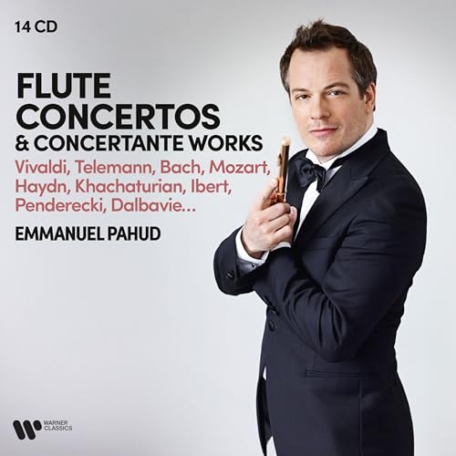 CD cover featuring flutist Emmanuel Pahud in formal wear holding a flute.