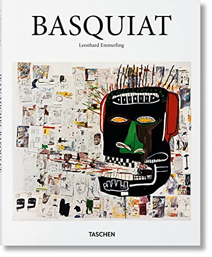 Book cover titled Basquiat featuring a central stylized portrait over a collage of sketches.