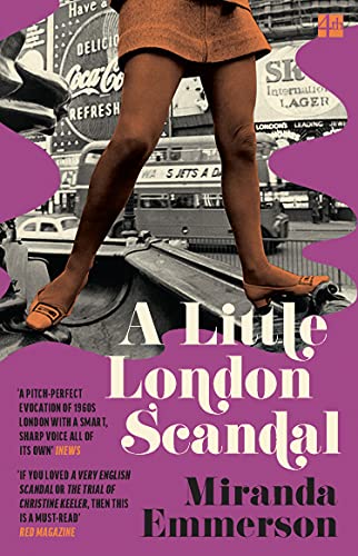 Book cover: woman’s legs, London street scene, purple title text.