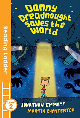 Book cover: boy with spaceship, UFO beam, and "Danny Dreadnought" title.