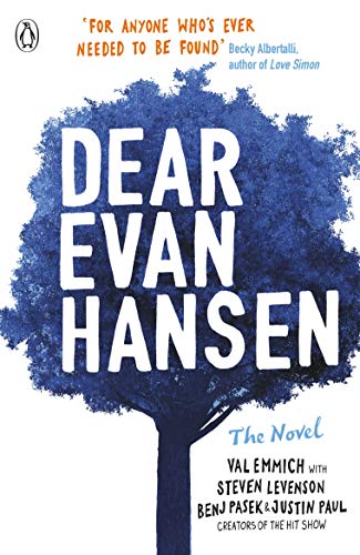 Book cover for “Dear Evan Hansen” with a blue tree illustration.