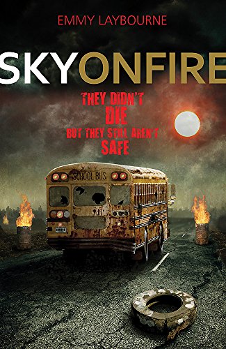 Damaged school bus in a fiery, desolate landscape under a red moon.
