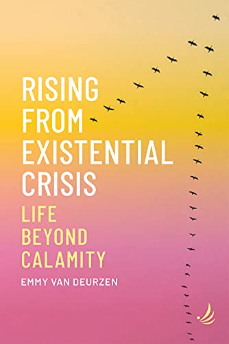 Book cover with white text, birds flying across a gradient background.