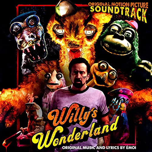 Nicolas Cage stands before several creepy animatronic characters on the Willy's Wonderland soundtrack cover.