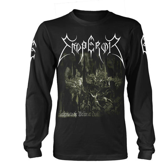 Black long-sleeve shirt with band logo and dark, forest-themed artwork.