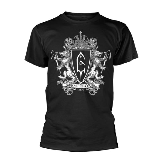Black t-shirt with white heraldic crest design featuring lions and an eye.