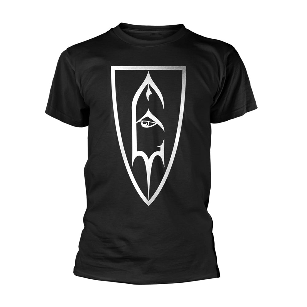 Black t-shirt with a white shield graphic featuring an eye and beard.