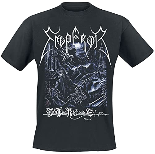 Black t-shirt with white gothic text and a dark landscape design.
