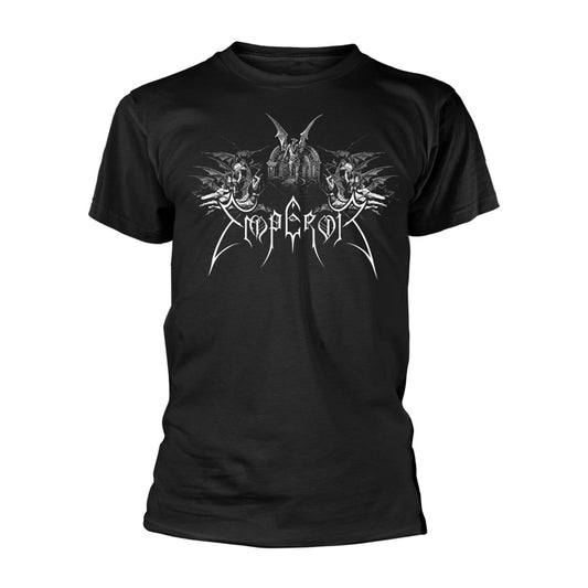Black t-shirt with white gothic lettering and winged figure design.