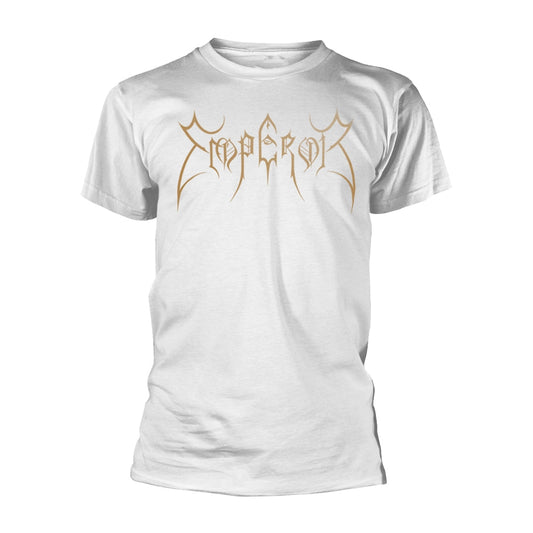 White t-shirt with the word Emperor printed in gold stylized gothic lettering.