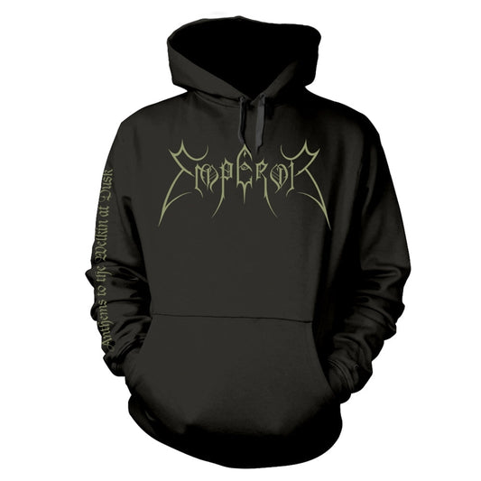 Black hooded sweatshirt with ornate white and yellow "Emperor" logo.