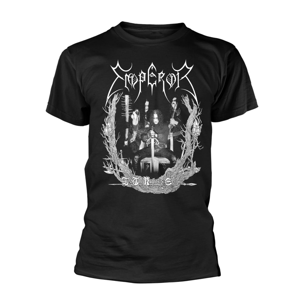 Black t-shirt with a white and grey graphic of Emperor band imagery.