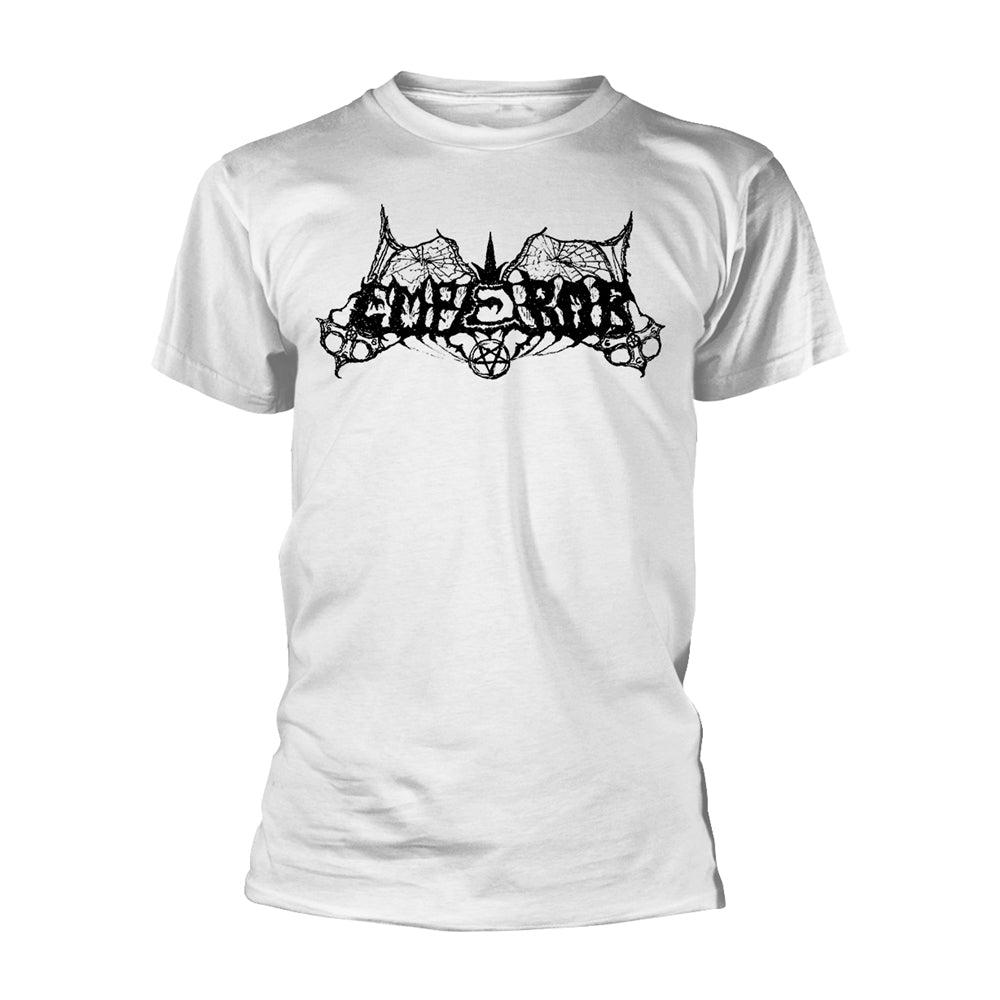 White t-shirt with black, ornate “Emperor” logo graphic on the chest.