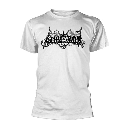 White t-shirt with black, ornate “Emperor” logo graphic on the chest.