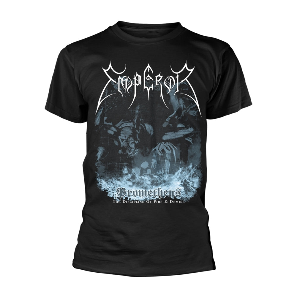 Black t-shirt with grey and white illustration of a figure and text.