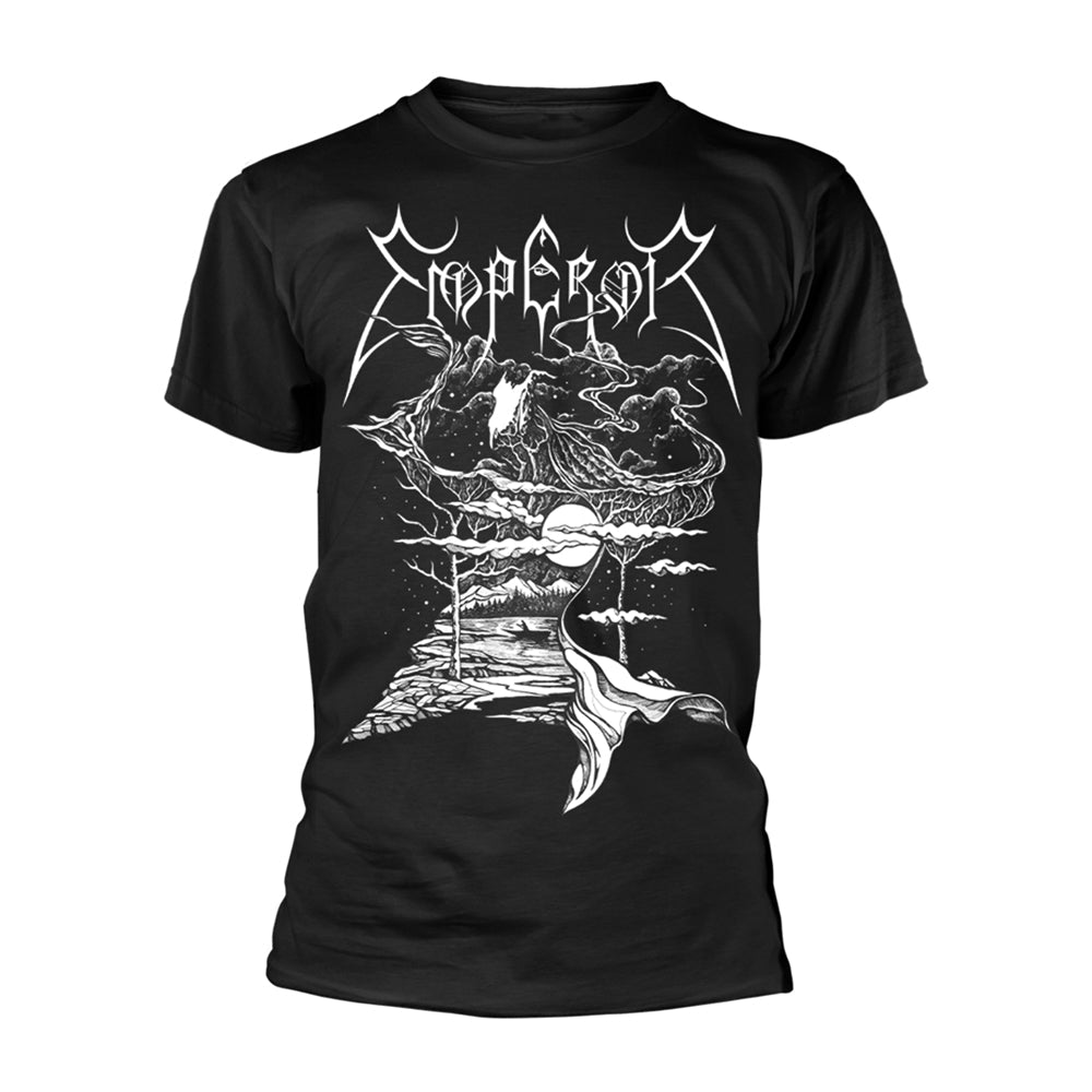 Black t-shirt with white graphic of mountains, trees, and a figure.