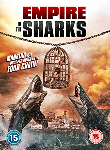 DVD cover for "Empire Of The Sharks" featuring sharks and a cage.