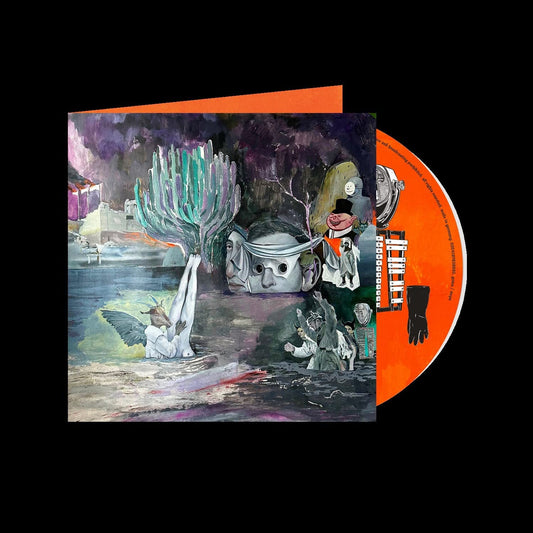 Surreal painting of figures in water with an orange CD disc partially pulled out.