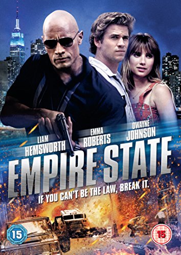 Dwayne Johnson, Liam Hemsworth, and Emma Roberts on the Empire State movie DVD cover.