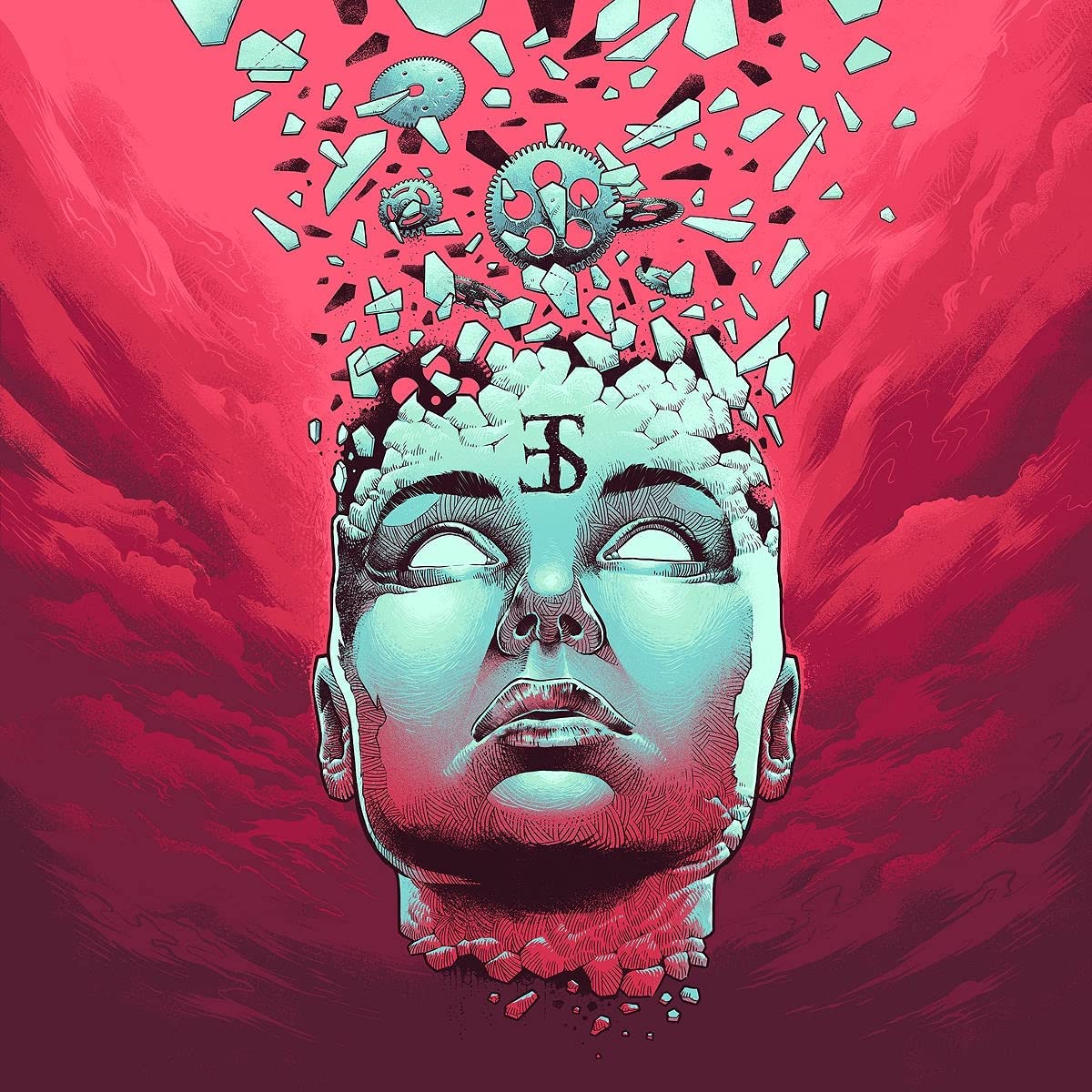 CD cover art: a fragmented face with gears and debris, red background.