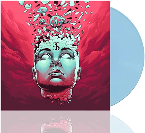 Vinyl record with light blue disc and red cover art of a shattering face.