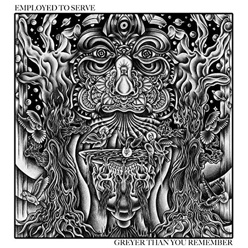 "Black and white vinyl album cover with intricate, surreal illustrations and abstract face."