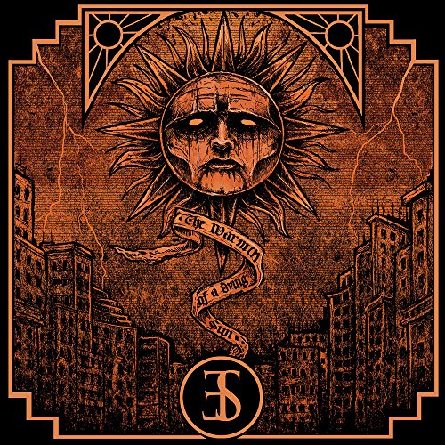 "Album cover art featuring a distressed sun face with cityscape below, orange on black."