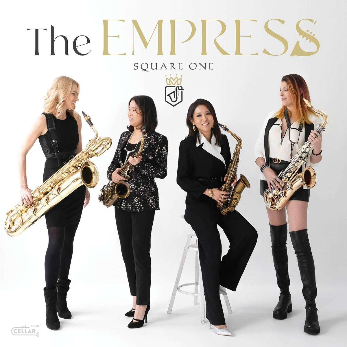Four women in black attire playing saxophones, album cover for "Empress - Square One".