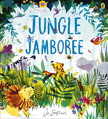 Book cover: colorful jungle scene with animals—lion, hippo, leopard, birds.