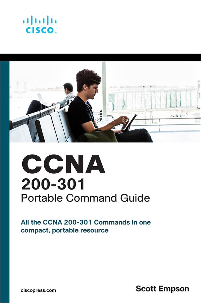 CCNA 200-301 Portable Command Guide book cover with person using laptop.