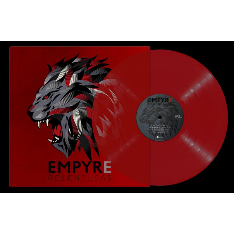 Vinyl record of Empyre’s “Relentless” with a lion illustration on the cover.